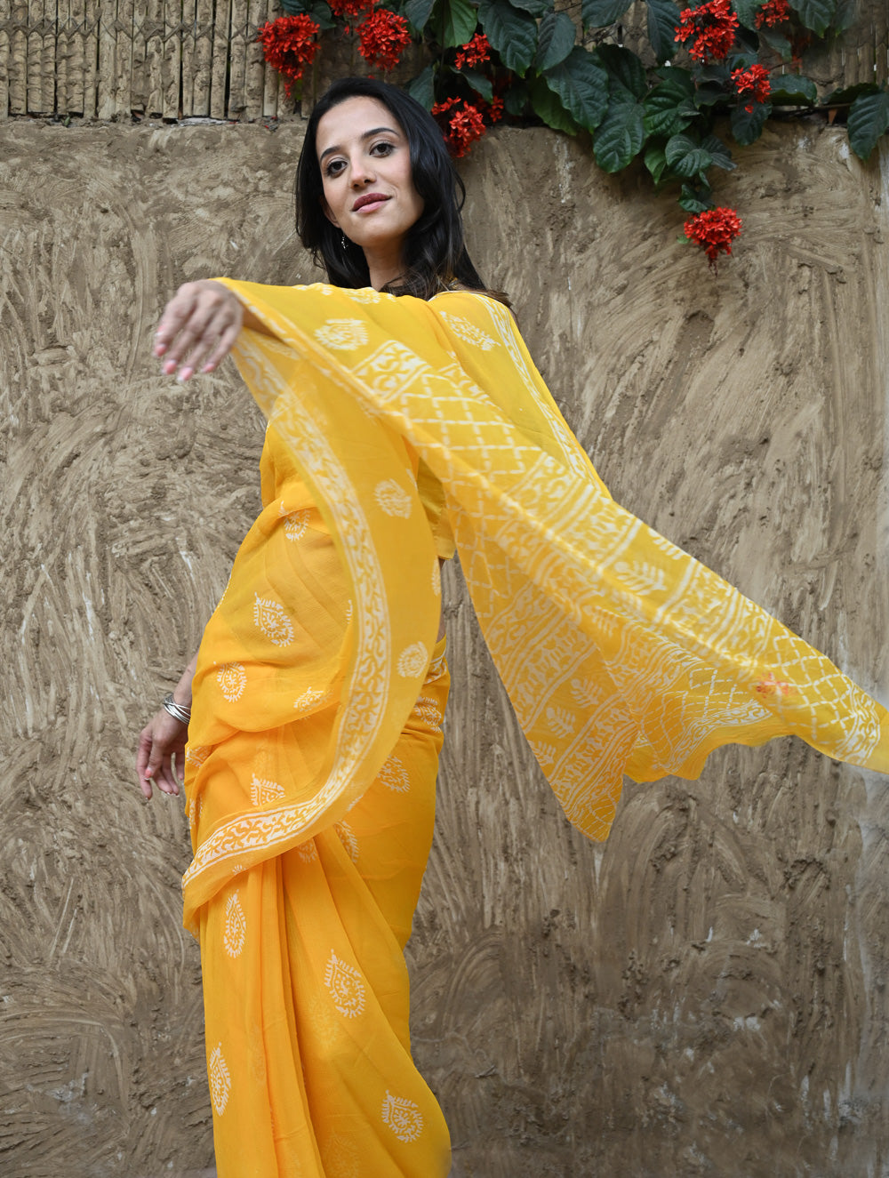 Dabu Vibes : Hand Block Printed Chiffon Saree - Basanti