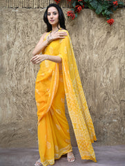 Dabu Vibes : Hand Block Printed Chiffon Saree - Basanti