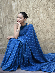 Dabu Vibes : Hand Block Printed Mul Cotton Saree - Neel Kamal