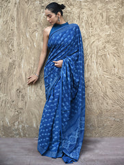 Dabu Vibes : Hand Block Printed Mul Cotton Saree - Neel Kamal