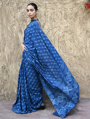 Dabu Vibes : Hand Block Printed Mul Cotton Saree - Neel Kamal