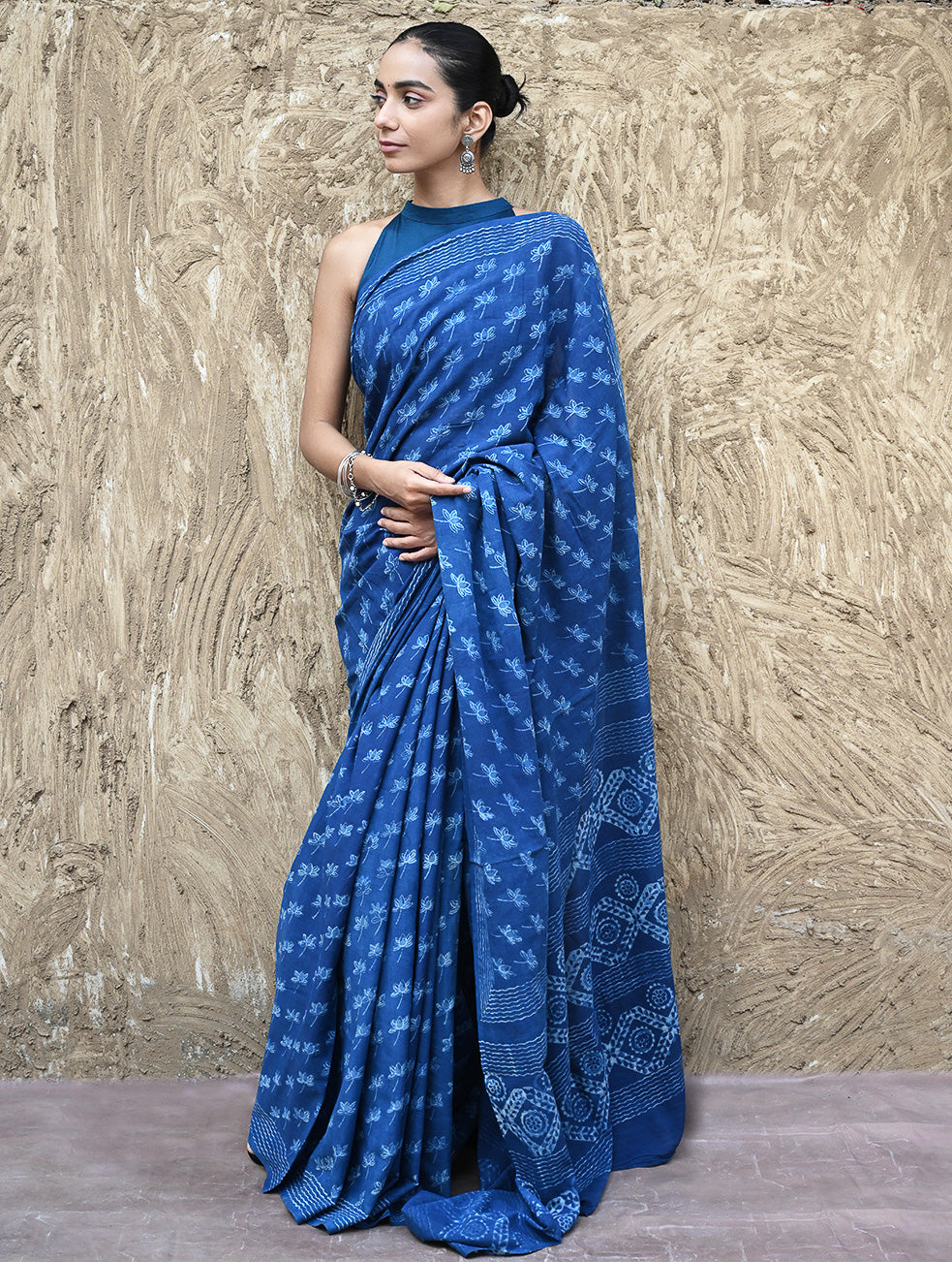 Dabu Vibes : Hand Block Printed Mul Cotton Saree - Neel Kamal