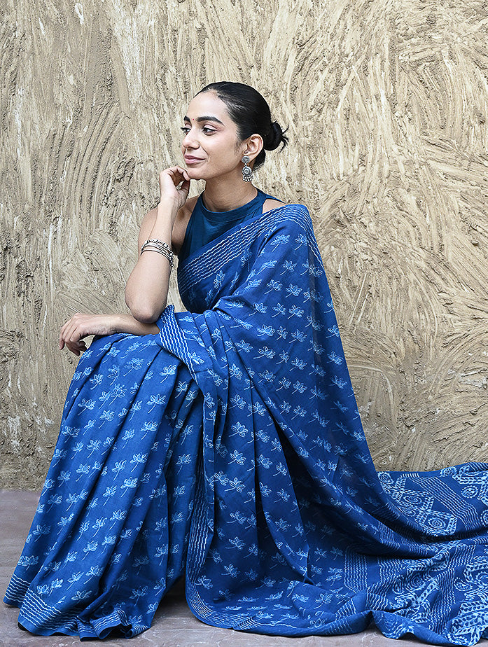 Dabu Vibes : Hand Block Printed Mul Cotton Saree - Neel Kamal