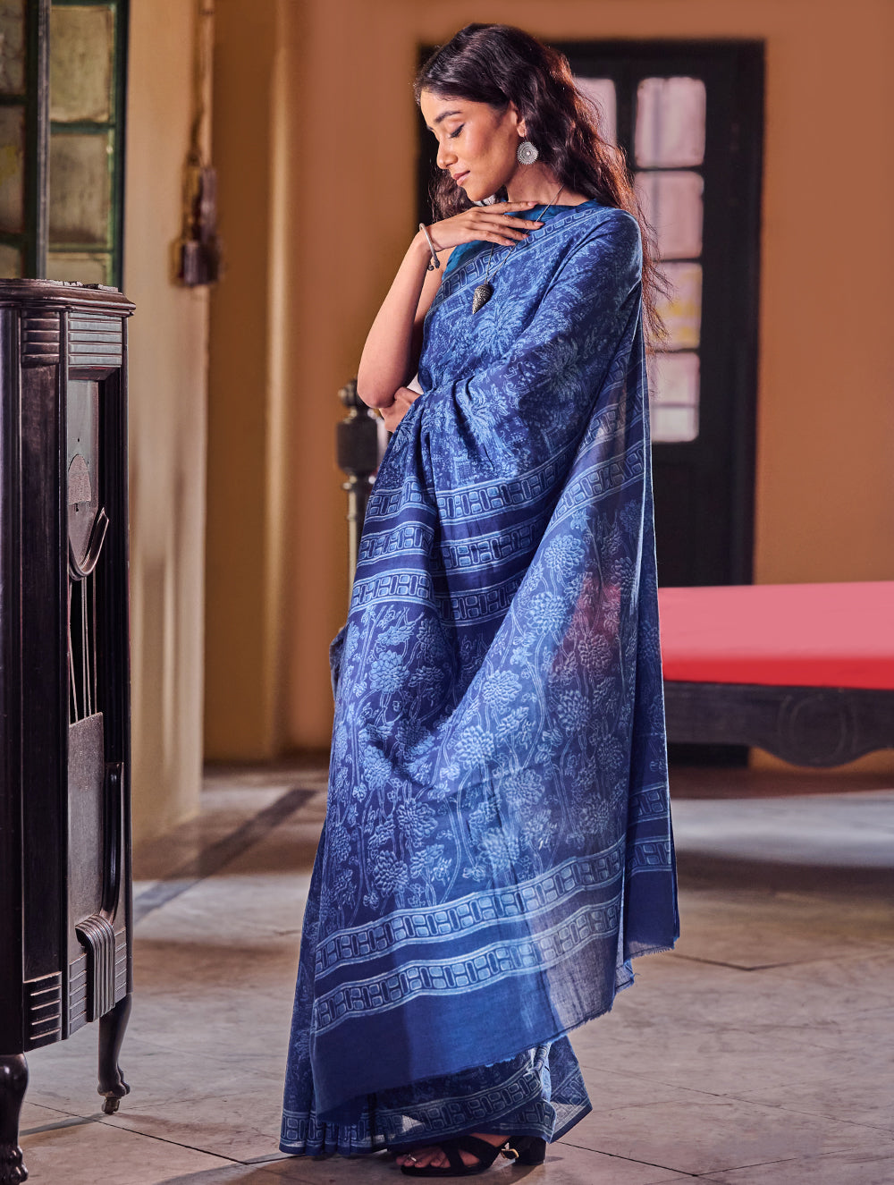 Indigo Moods. Dabu Hand Block Printed Mul Cotton Saree - Haveli