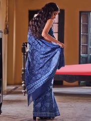 Indigo Moods. Dabu Hand Block Printed Mul Cotton Saree - Haveli
