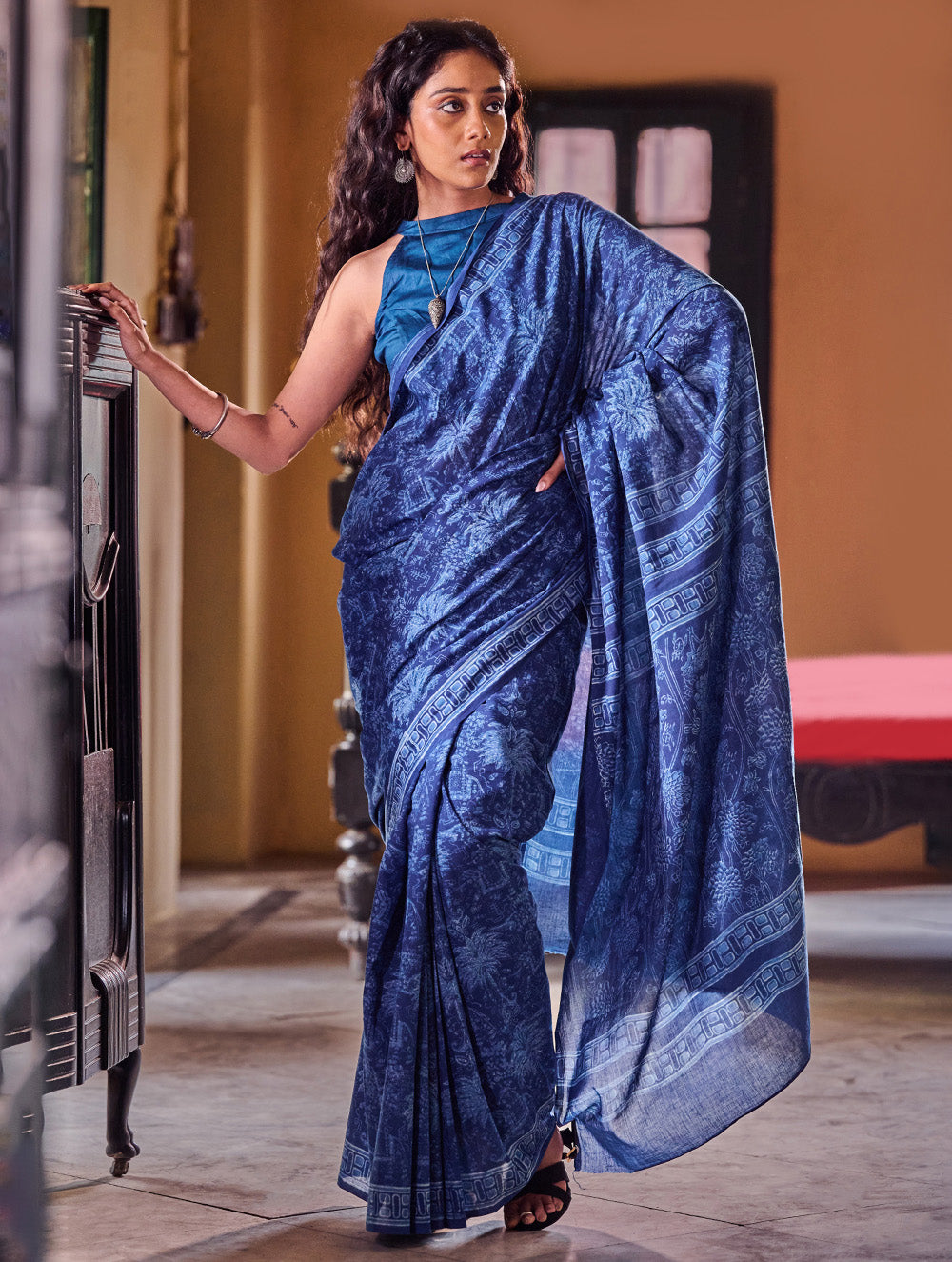 Indigo Moods. Dabu Hand Block Printed Mul Cotton Saree - Haveli