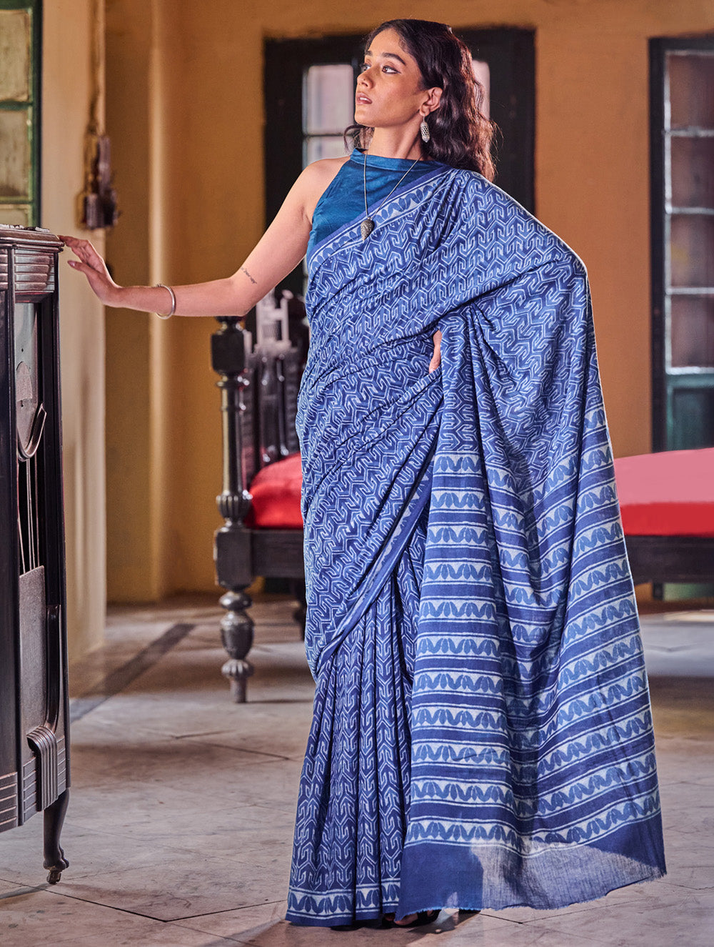 Indigo Moods. Dabu Hand Block Printed Mul Cotton Saree - Labyrinth