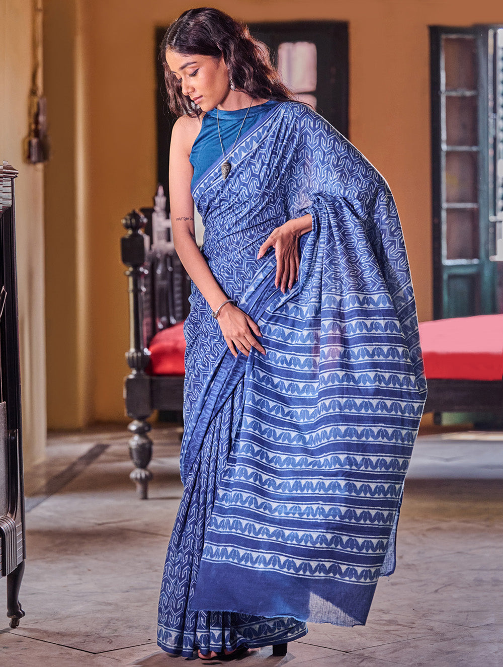 Indigo Moods. Dabu Hand Block Printed Mul Cotton Saree - Labyrinth