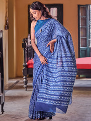 Indigo Moods. Dabu Hand Block Printed Mul Cotton Saree - Labyrinth