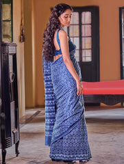 Indigo Moods. Dabu Hand Block Printed Mul Cotton Saree - Labyrinth