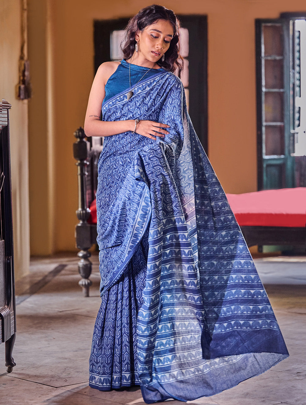 Indigo Moods. Dabu Hand Block Printed Mul Cotton Saree - Labyrinth