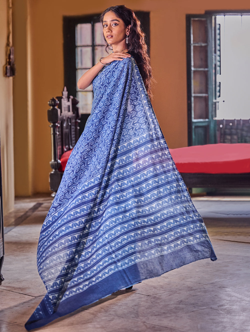 Indigo Moods. Dabu Hand Block Printed Mul Cotton Saree - Labyrinth