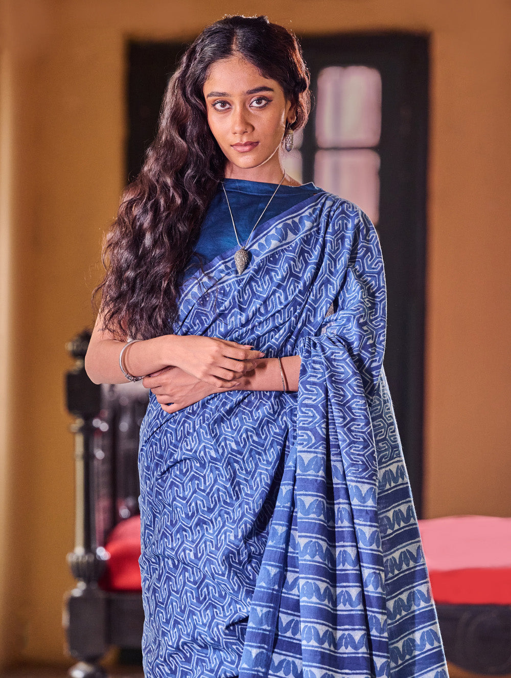 Indigo Moods. Dabu Hand Block Printed Mul Cotton Saree - Labyrinth