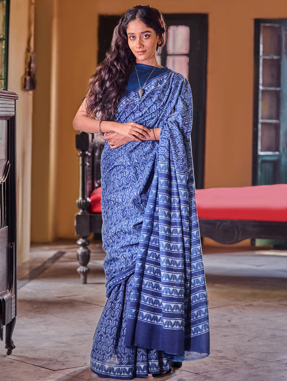 Indigo Moods. Dabu Hand Block Printed Mul Cotton Saree - Labyrinth