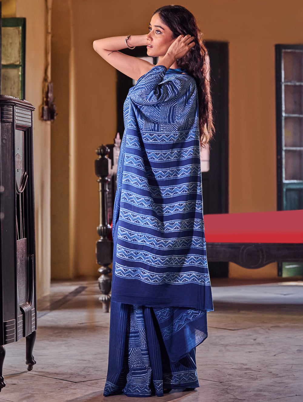Indigo Moods. Dabu Hand Block Printed Mul Cotton Saree - Mosaic