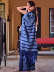 Indigo Moods. Dabu Hand Block Printed Mul Cotton Saree - Mosaic