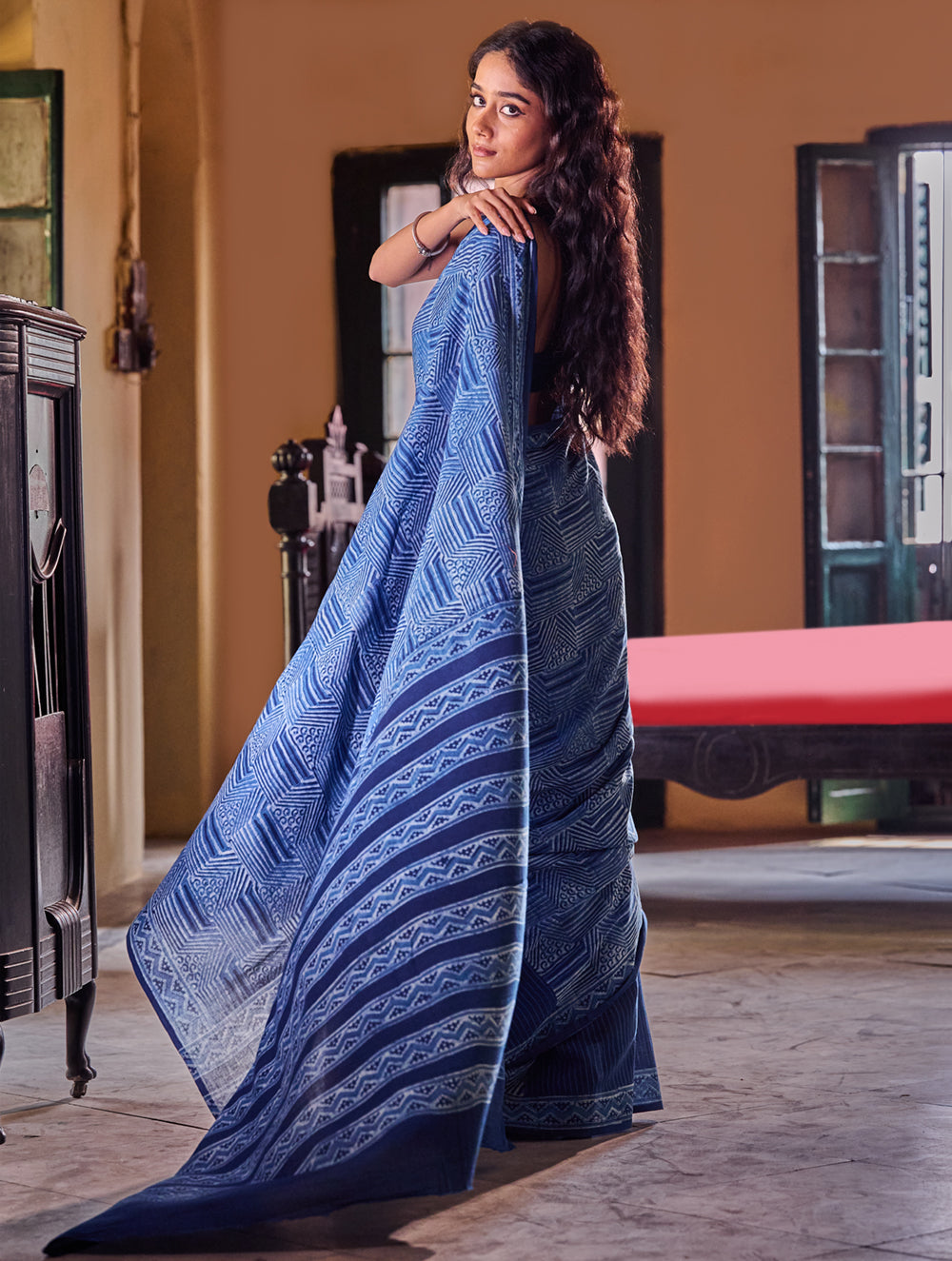 Indigo Moods. Dabu Hand Block Printed Mul Cotton Saree - Mosaic