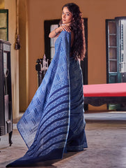 Indigo Moods. Dabu Hand Block Printed Mul Cotton Saree - Mosaic