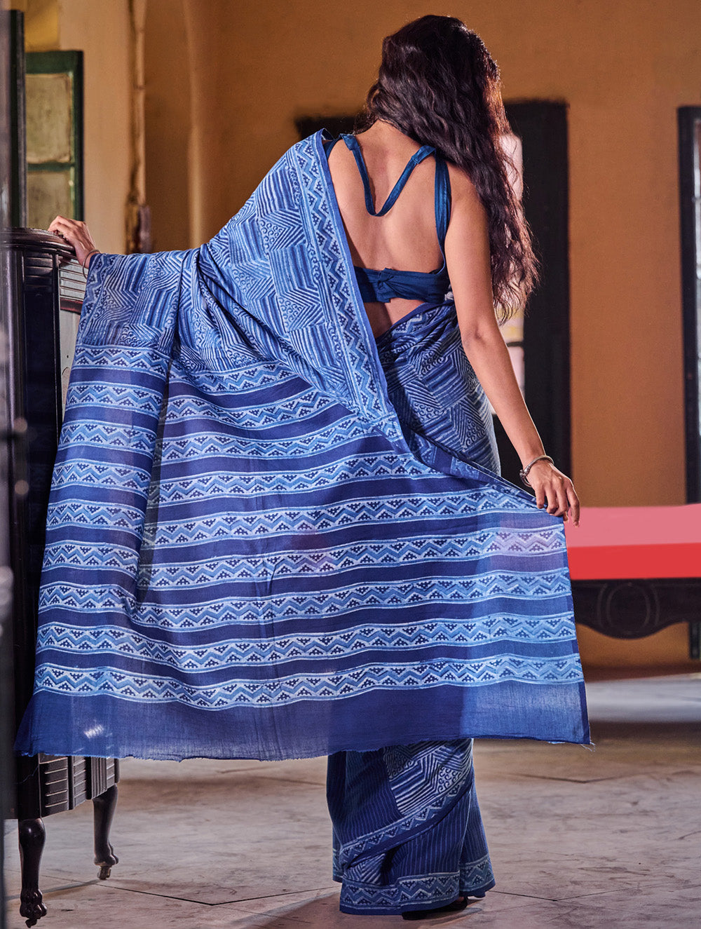 Indigo Moods. Dabu Hand Block Printed Mul Cotton Saree - Mosaic