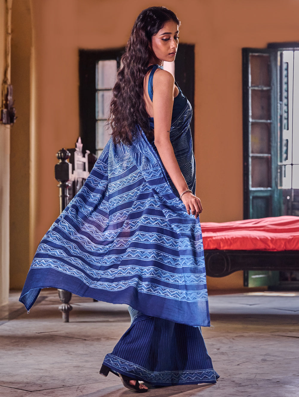 Indigo Moods. Dabu Hand Block Printed Mul Cotton Saree - Mosaic