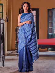 Indigo Moods. Dabu Hand Block Printed Mul Cotton Saree - Mosaic