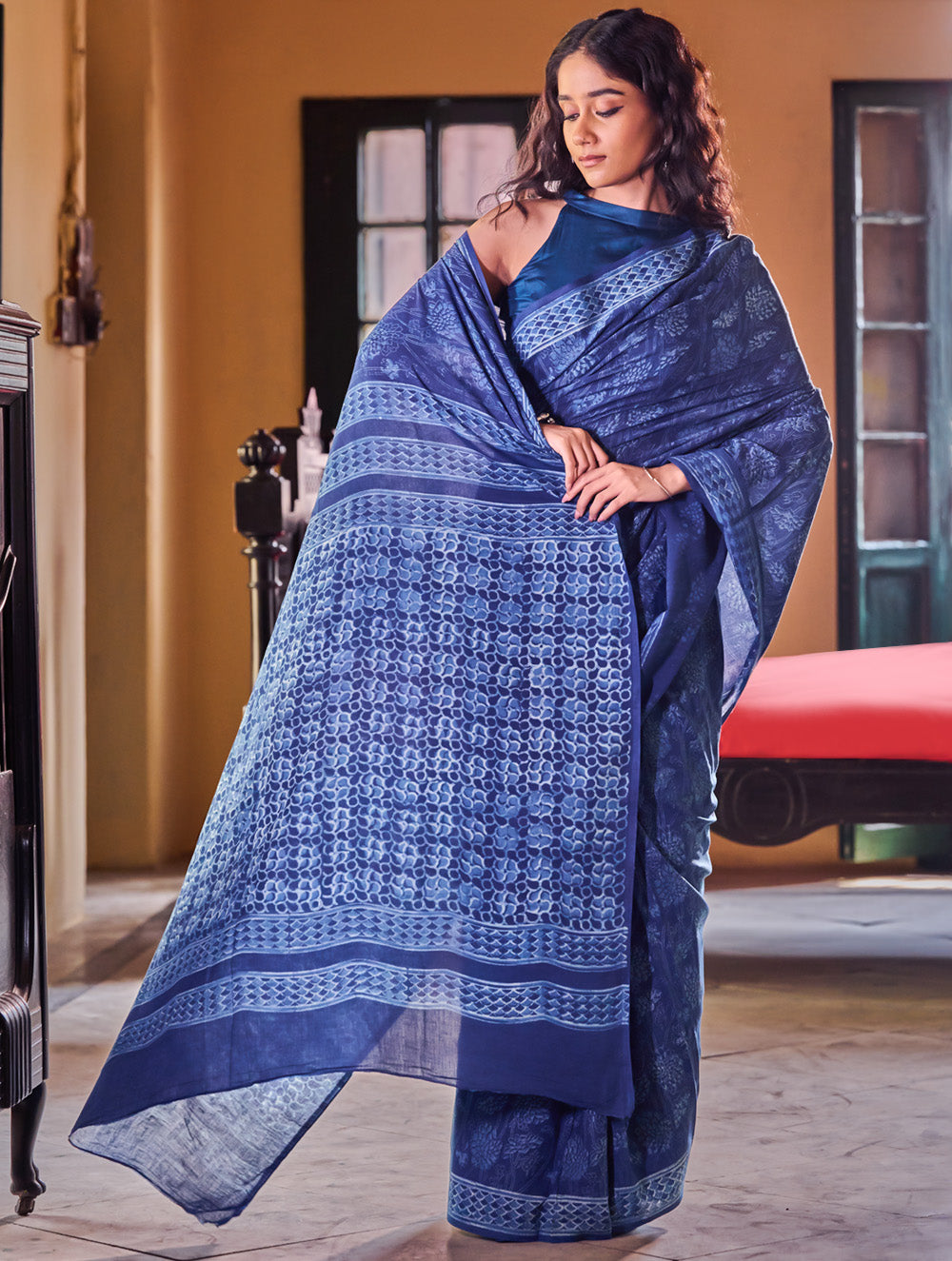 Indigo Moods. Dabu Hand Block Printed Mul Cotton Saree - Moonlit Garden
