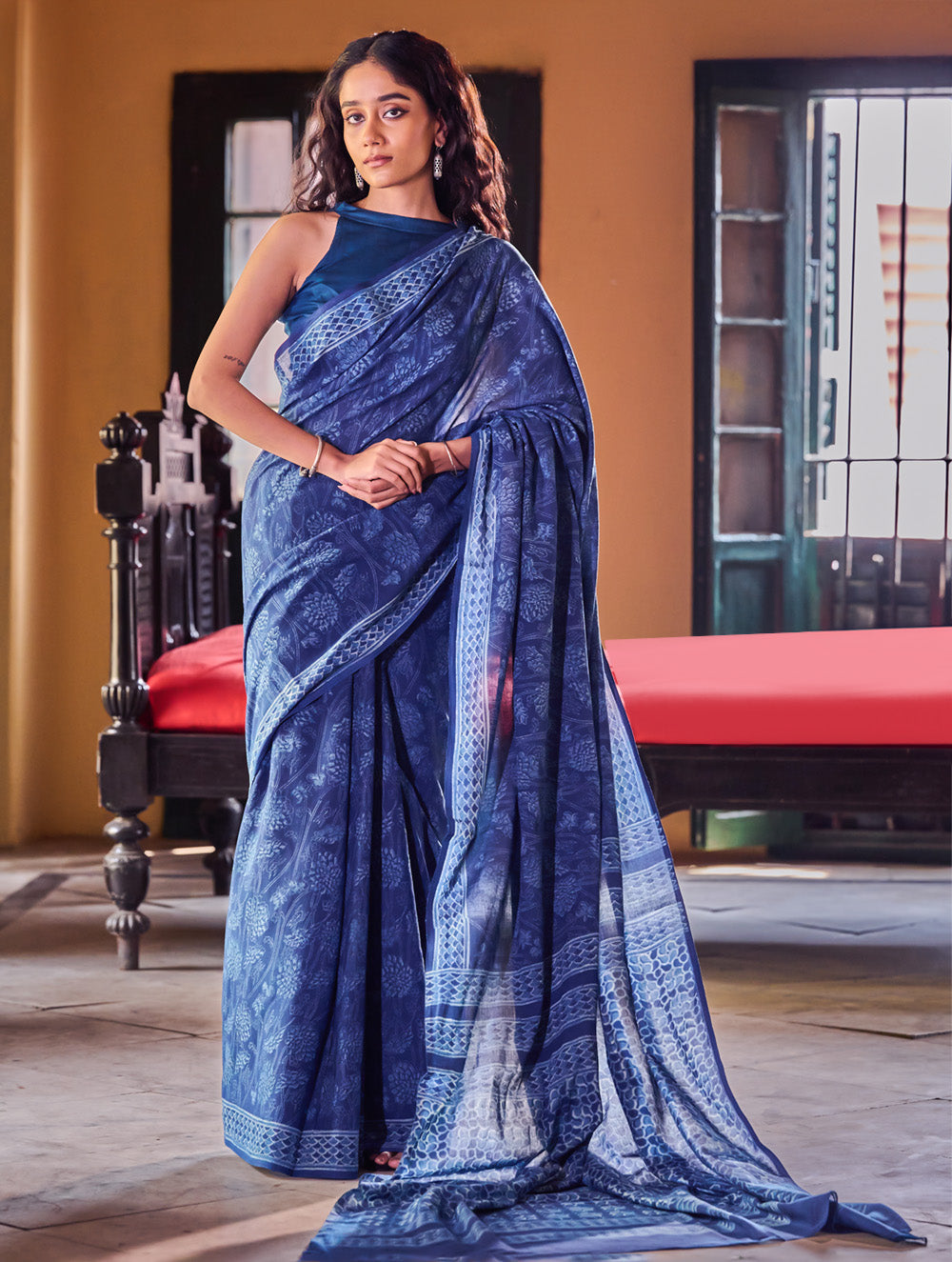 Indigo Moods. Dabu Hand Block Printed Mul Cotton Saree - Moonlit Garden