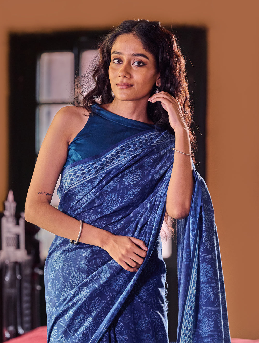 Indigo Moods. Dabu Hand Block Printed Mul Cotton Saree - Moonlit Garden
