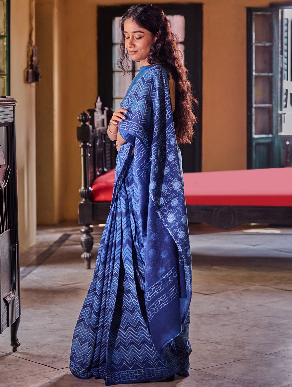Indigo Moods. Dabu Hand Block Printed Mul Cotton Saree - Chevron