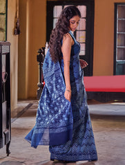 Indigo Moods. Dabu Hand Block Printed Mul Cotton Saree - Chevron