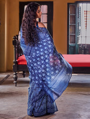 Indigo Moods. Dabu Hand Block Printed Mul Cotton Saree - Chevron