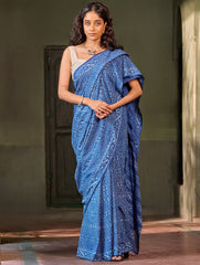 Indigo Moods. Dabu Hand Block Printed Mul Cotton Saree - Echo Ripple