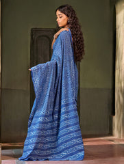 Indigo Moods. Dabu Hand Block Printed Mul Cotton Saree - Echo Ripple