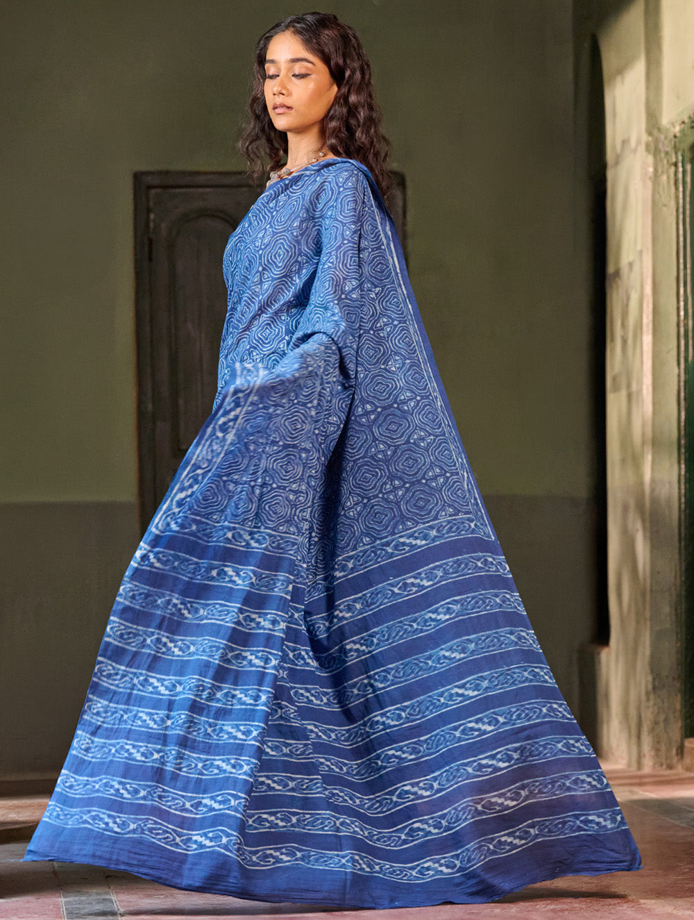 Indigo Moods. Dabu Hand Block Printed Mul Cotton Saree - Echo Ripple