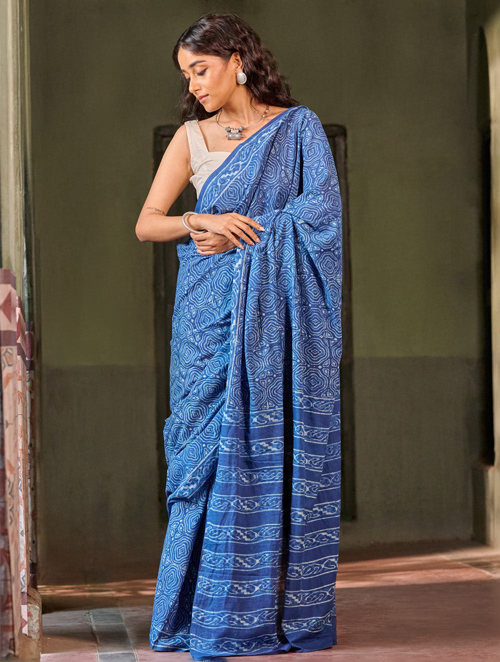 Indigo Moods. Dabu Hand Block Printed Mul Cotton Saree - Echo Ripple