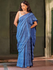 Indigo Moods. Dabu Hand Block Printed Mul Cotton Saree - Echo Ripple