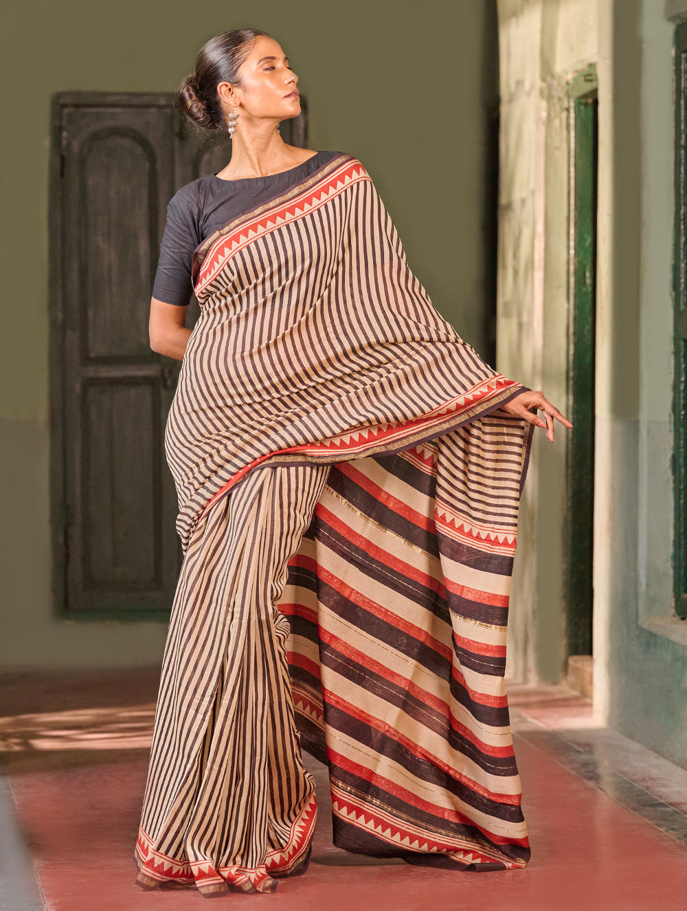 Bagru Statements: Striking Bagru Hand Block Printed Chanderi Saree - Charcoal Stripes