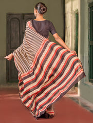 Bagru Statements: Striking Bagru Hand Block Printed Chanderi Saree - Charcoal Stripes