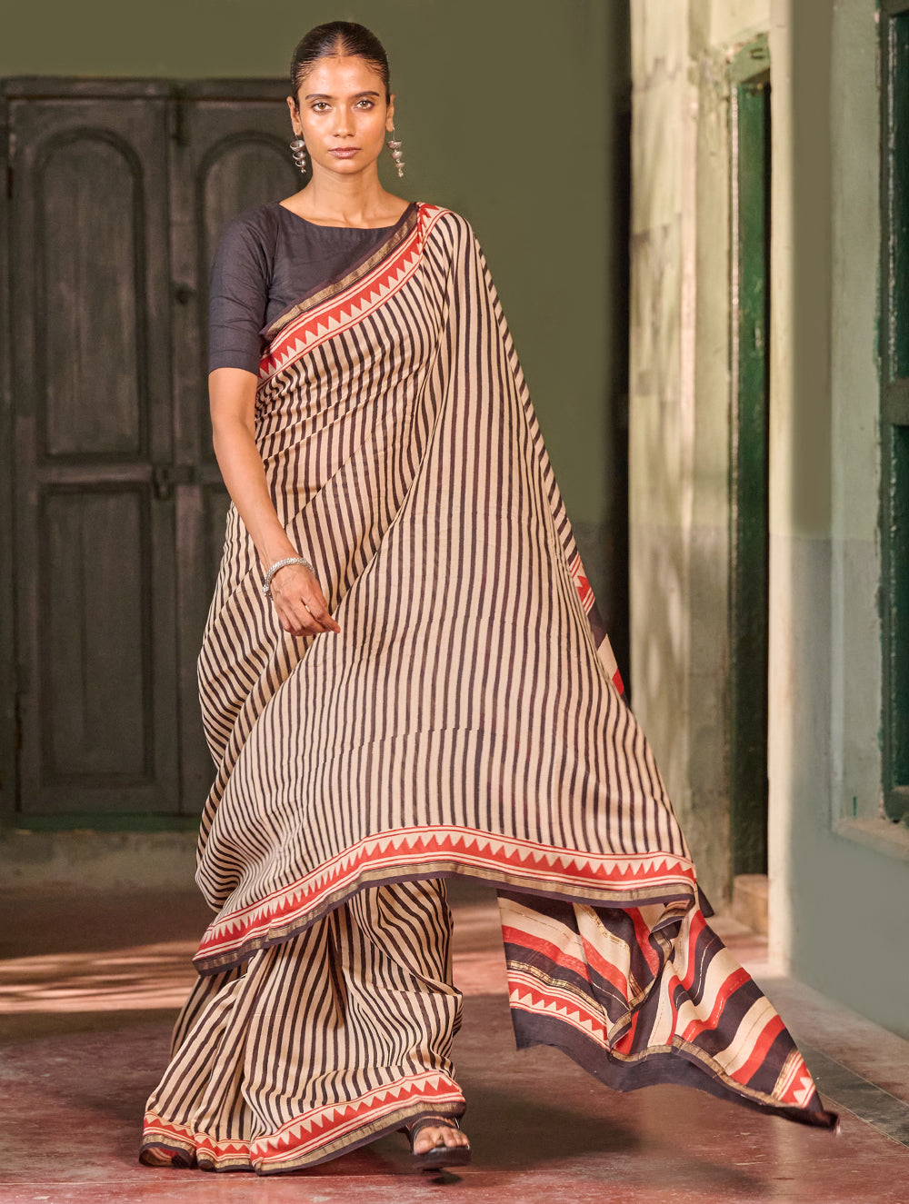 Bagru Statements: Striking Bagru Hand Block Printed Chanderi Saree - Charcoal Stripes