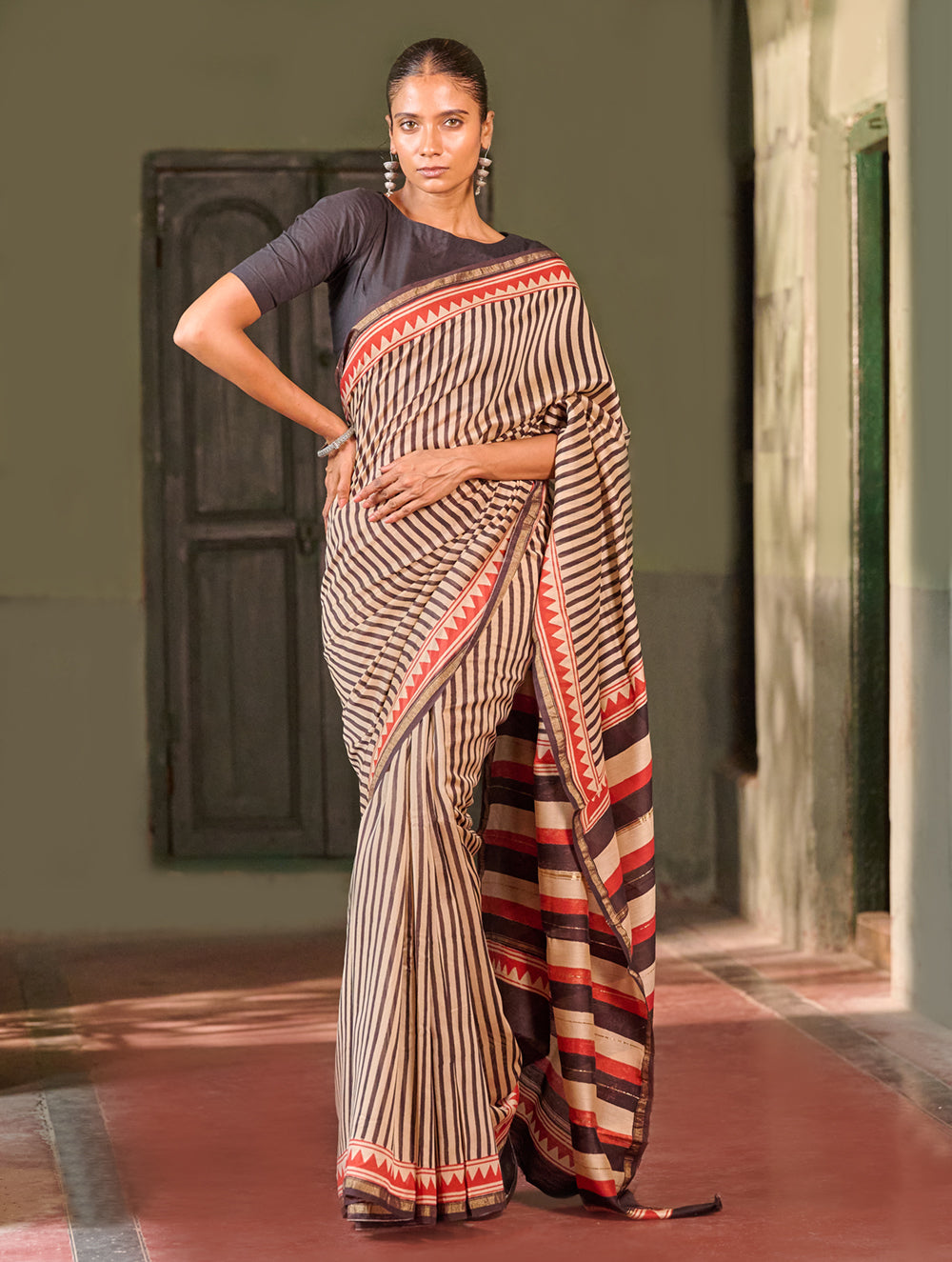 Bagru Statements: Striking Bagru Hand Block Printed Chanderi Saree - Charcoal Stripes