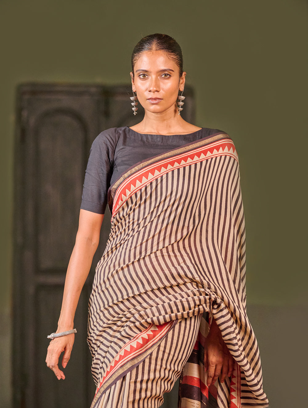 Bagru Statements: Striking Bagru Hand Block Printed Chanderi Saree - Charcoal Stripes