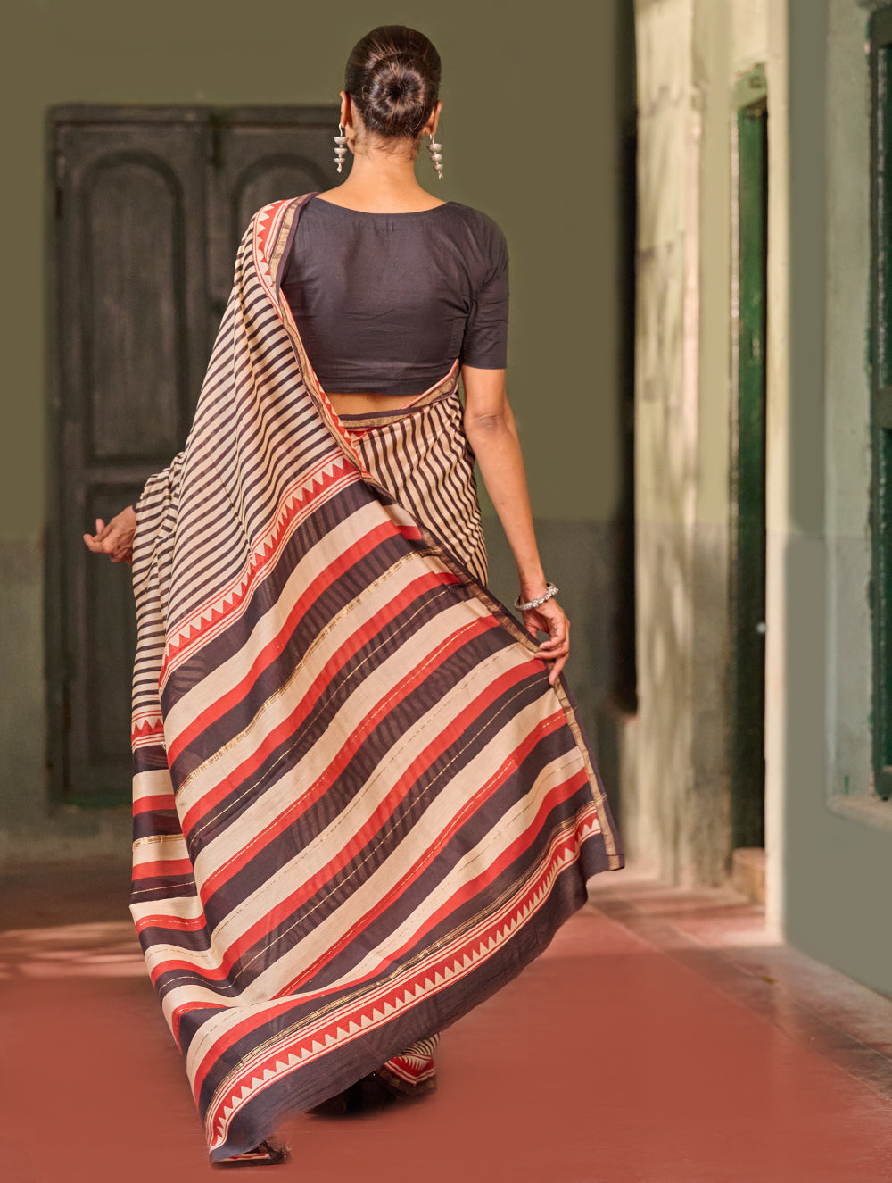 Bagru Statements: Striking Bagru Hand Block Printed Chanderi Saree - Charcoal Stripes
