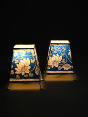 Andhra Leather Craft Lamp Shade - Blue Lotus (Set of 2) - Height 5 inches 