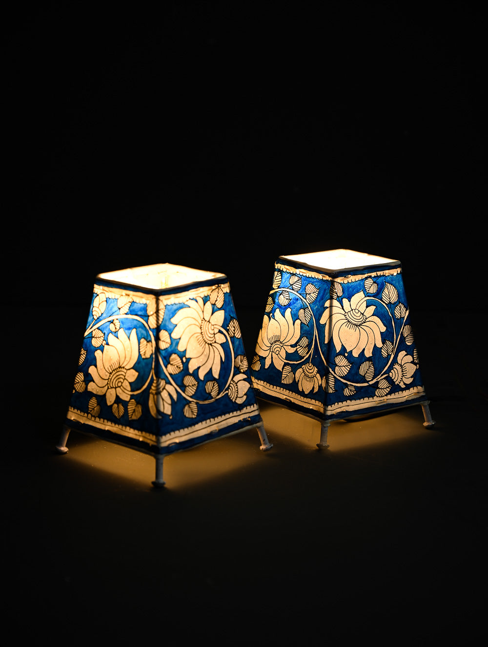 Andhra Leather Craft Lamp Shade - Blue Lotus (Set of 2) - Height 5 inches 