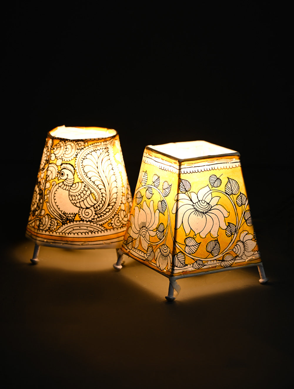 Andhra Leather Craft Lamp Shade - Mustard Garden (Set of 2) - Height 5 inches 