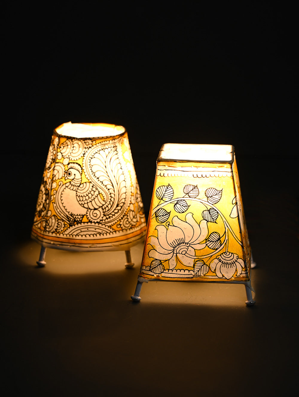 Andhra Leather Craft Lamp Shade - Mustard Garden (Set of 2) - Height 5 inches 