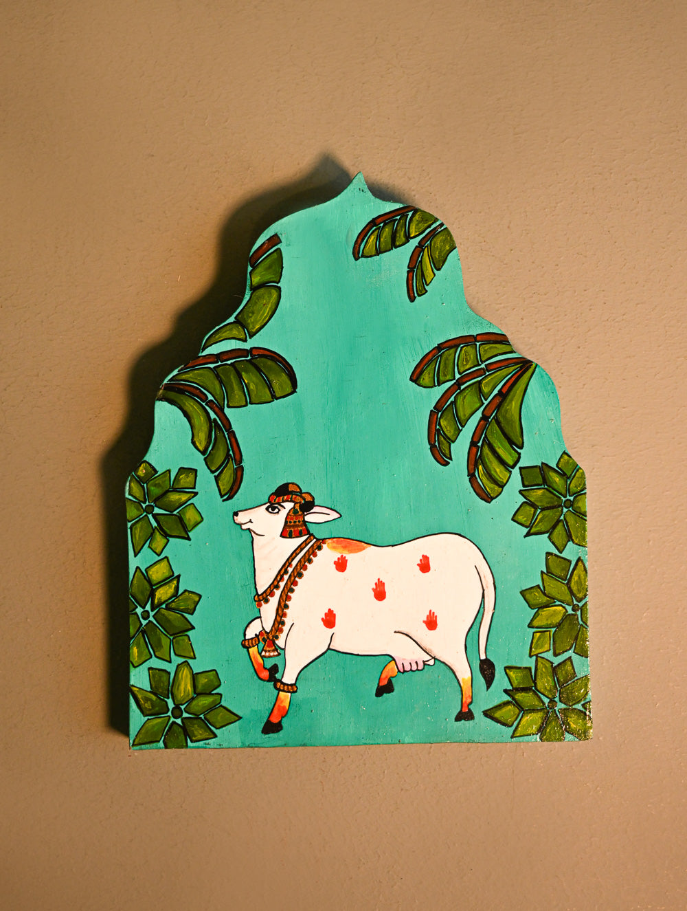Exclusive Pichwai Collectibles : Hand Painted Wooden Arched Wall Panel - Kamdhenu