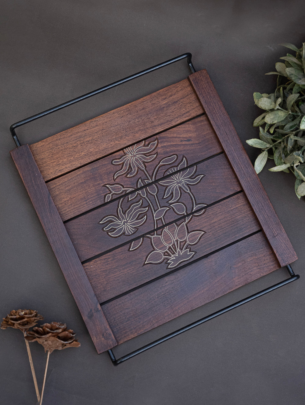 Tarakashi Wooden Inlay Decorative Tray- Floral