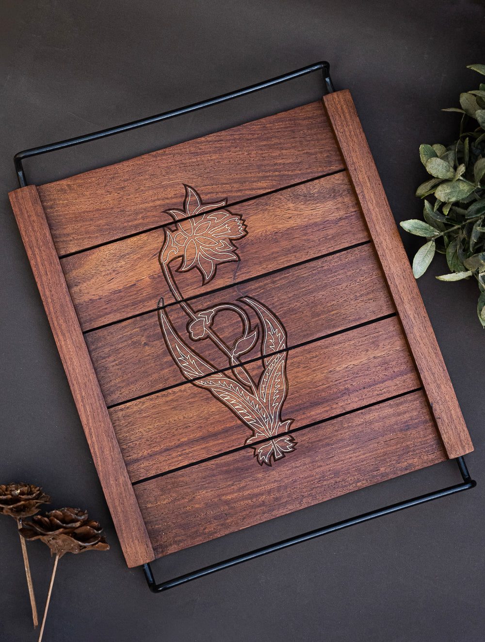 Tarakashi Wooden Inlay Decorative Tray- Floral
