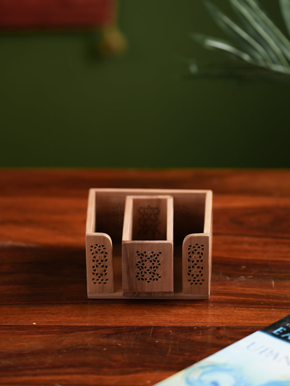 The India Craft House Intricate, Wooden Jaali Card and Paper Holder (Set of 2)